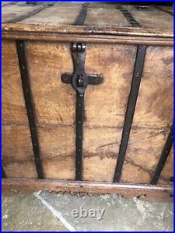 Original English Antique Oak Vintage Iron Bound Strap Rustic Coffer Chest Trunk