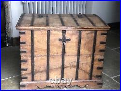 Original English Antique Oak Vintage Iron Bound Strap Rustic Coffer Chest Trunk