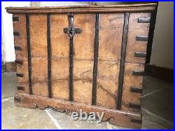 Original English Antique Oak Vintage Iron Bound Strap Rustic Coffer Chest Trunk