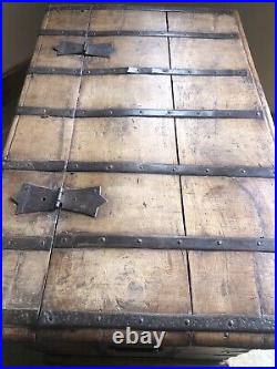 Original English Antique Oak Vintage Iron Bound Strap Rustic Coffer Chest Trunk