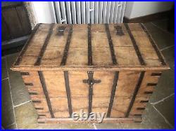 Original English Antique Oak Vintage Iron Bound Strap Rustic Coffer Chest Trunk