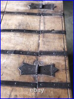 Original English Antique Oak Vintage Iron Bound Strap Rustic Coffer Chest Trunk