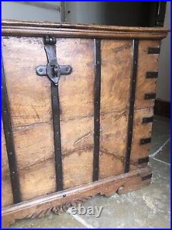 Original English Antique Oak Vintage Iron Bound Strap Rustic Coffer Chest Trunk