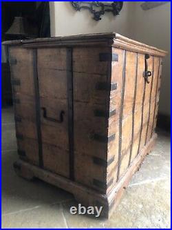 Original English Antique Oak Vintage Iron Bound Strap Rustic Coffer Chest Trunk