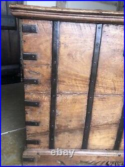 Original English Antique Oak Vintage Iron Bound Strap Rustic Coffer Chest Trunk