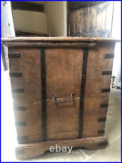 Original English Antique Oak Vintage Iron Bound Strap Rustic Coffer Chest Trunk