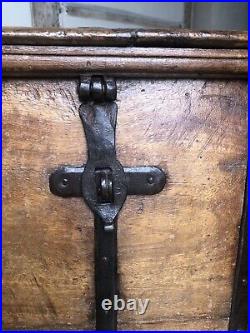 Original English Antique Oak Vintage Iron Bound Strap Rustic Coffer Chest Trunk