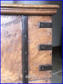 Original English Antique Oak Vintage Iron Bound Strap Rustic Coffer Chest Trunk