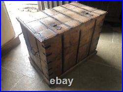 Original English Antique Oak Vintage Iron Bound Strap Rustic Coffer Chest Trunk