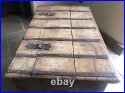 Original English Antique Oak Vintage Iron Bound Strap Rustic Coffer Chest Trunk