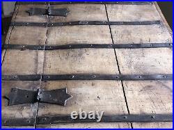 Original English Antique Oak Vintage Iron Bound Strap Rustic Coffer Chest Trunk