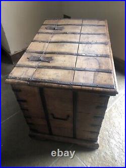 Original English Antique Oak Vintage Iron Bound Strap Rustic Coffer Chest Trunk