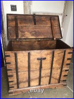 Original English Antique Oak Vintage Iron Bound Strap Rustic Coffer Chest Trunk