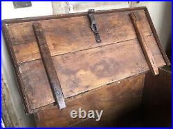 Original English Antique Oak Vintage Iron Bound Strap Rustic Coffer Chest Trunk