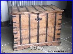 Original English Antique Oak Vintage Iron Bound Strap Rustic Coffer Chest Trunk