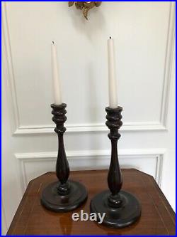 Pair Antique Vintage English Mahogany Art Nouveau Turned Candlesticks 12