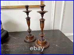 Pair Antique Vintage English Oak Art Nouveau Candlesticks 12