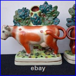 Pair Antique Vintage Victorian Staffordshire Pottery Cow Spill Vase Vases VGC