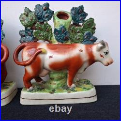 Pair Antique Vintage Victorian Staffordshire Pottery Cow Spill Vase Vases VGC