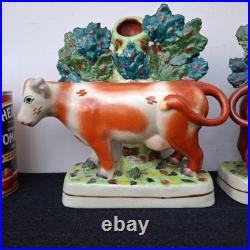 Pair Antique Vintage Victorian Staffordshire Pottery Cow Spill Vase Vases VGC