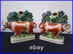 Pair Antique Vintage Victorian Staffordshire Pottery Cow Spill Vase Vases VGC