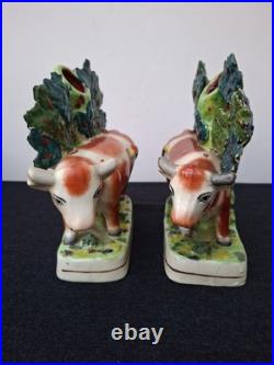 Pair Antique Vintage Victorian Staffordshire Pottery Cow Spill Vase Vases VGC