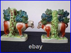 Pair Antique Vintage Victorian Staffordshire Pottery Cow Spill Vase Vases VGC