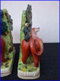 Pair Antique Vintage Victorian Staffordshire Pottery Cow Spill Vase Vases VGC