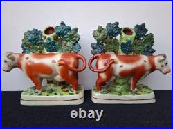 Pair Antique Vintage Victorian Staffordshire Pottery Cow Spill Vase Vases VGC
