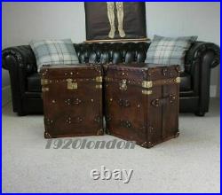 Pair Of Finest English Leather Antique Inspired Side Table Vintage Trunks Item