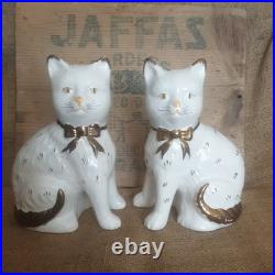 Pair Vintage Antique Staffordshire 7.75 Wally Cats Mantle White Gold open legs