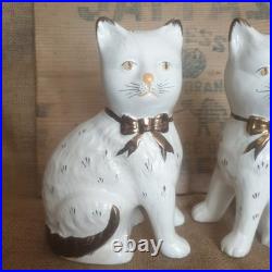 Pair Vintage Antique Staffordshire 7.75 Wally Cats Mantle White Gold open legs