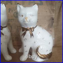 Pair Vintage Antique Staffordshire 7.75 Wally Cats Mantle White Gold open legs