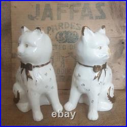 Pair Vintage Antique Staffordshire 7.75 Wally Cats Mantle White Gold open legs