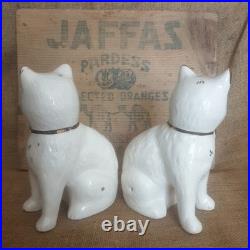 Pair Vintage Antique Staffordshire 7.75 Wally Cats Mantle White Gold open legs