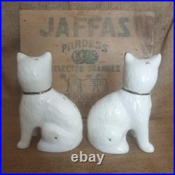 Pair Vintage Antique Staffordshire 7.75 Wally Cats Mantle White Gold open legs