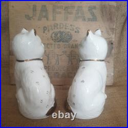 Pair Vintage Antique Staffordshire 7.75 Wally Cats Mantle White Gold open legs