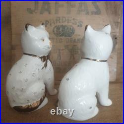 Pair Vintage Antique Staffordshire 7.75 Wally Cats Mantle White Gold open legs