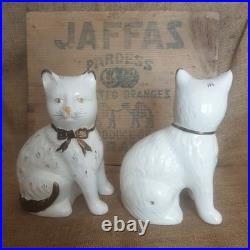 Pair Vintage Antique Staffordshire 7.75 Wally Cats Mantle White Gold open legs