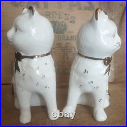Pair Vintage Antique Staffordshire 7.75 Wally Cats Mantle White Gold open legs