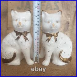 Pair Vintage Antique Staffordshire 7.75 Wally Cats Mantle White Gold open legs