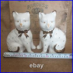 Pair Vintage Antique Staffordshire 7.75 Wally Cats Mantle White Gold open legs