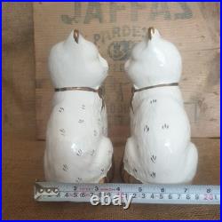 Pair Vintage Antique Staffordshire 7.75 Wally Cats Mantle White Gold open legs