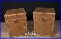 Pair Vintage Steamer Trunk Luggage Boxes Side Tables English Leather Trunks