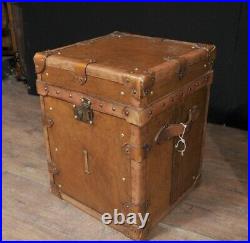 Pair Vintage Steamer Trunk Luggage Boxes Side Tables English Leather Trunks