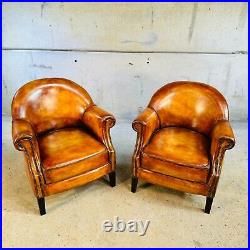 Pair of Vintage English Leather Armchairs Patinated Light Tan Finish #173A