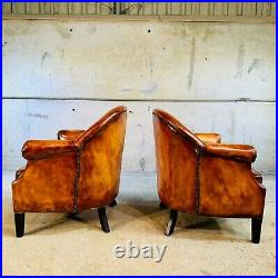 Pair of Vintage English Leather Armchairs Patinated Light Tan Finish #173A