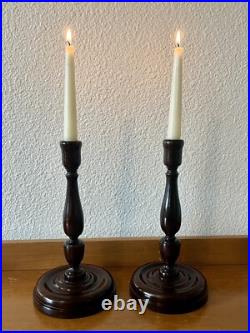 Pair of antique vintage English mahogany art nouveau turned candlesticks