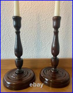 Pair of antique vintage English mahogany art nouveau turned candlesticks