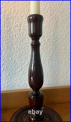 Pair of antique vintage English mahogany art nouveau turned candlesticks